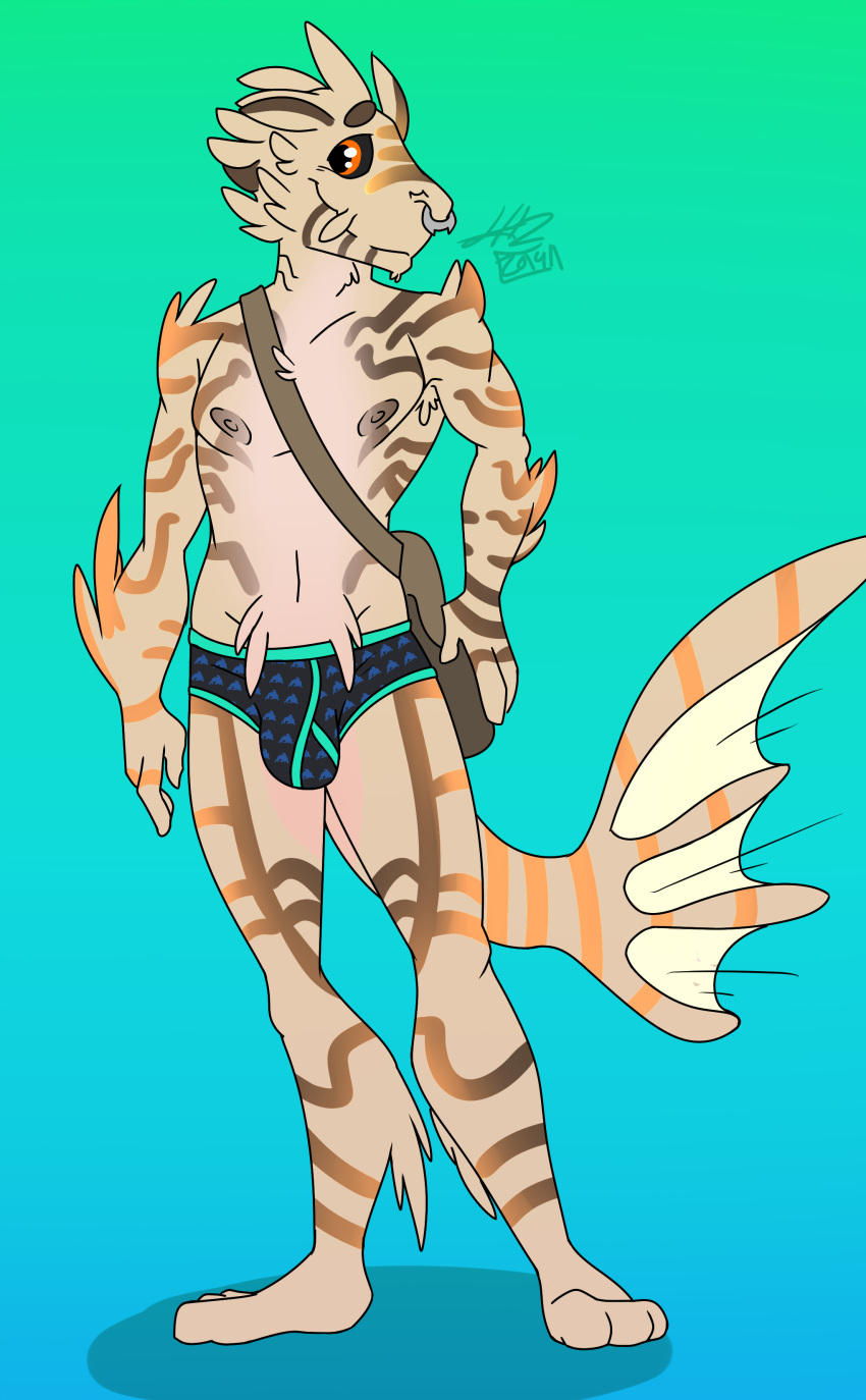 2019 absurd_res anthro armpit_hair black_scalera clothed clothing digital_media_(artwork) fin fish gills hi_res lionfish looking_at_viewer male marine nipples piercing simple_background smile solo standing stripes sylvanedadeer underwear