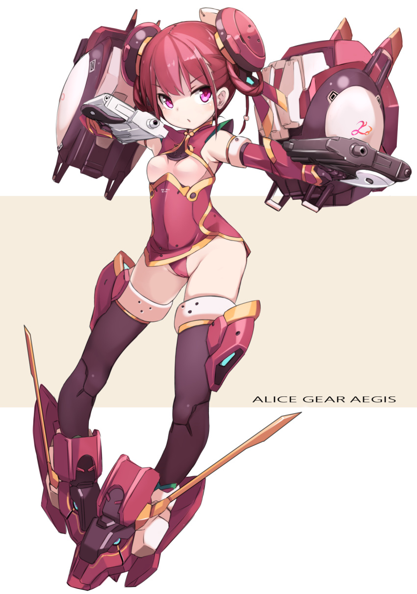 1girl alice_gear_aegis bangs blush breasts brown_background brown_gloves brown_legwear cameltoe commentary_request copyright_name dress dual_wielding eyebrows_visible_through_hair full_body gloves groin gun headgear highleg highleg_panties highres holding holding_gun holding_weapon karukan_(monjya) looking_at_viewer mecha_musume no_nipples panties parted_lips pink_eyes red_dress red_hair red_panties revision robot_joints short_dress sidelocks sleeveless sleeveless_dress small_breasts solo thighhighs two-tone_background underwear v-shaped_eyebrows vambraces wang_honghua weapon white_background