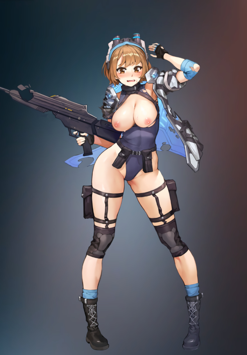 1girl absurdres areolae bangs belt belt_pouch black_footwear black_gloves blue_legwear blue_swimsuit boots breasts brown_eyes brown_hair character_request chest_strap contrapposto copyright_request elbow_pads fingerless_gloves full_body gloves glowing grey_background gun halterneck head_mounted_display highleg highleg_swimsuit highres holding holding_weapon holster jacket knee_pads large_breasts nipples one-piece_swimsuit open_clothes open_jacket open_mouth pouch rifle sangobob short_hair socks solo standing sweat swimsuit thigh_holster thigh_strap torn_clothes torn_gloves torn_jacket torn_swimsuit utility_belt weapon