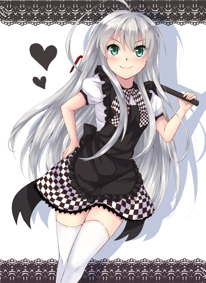 1girl ahoge apron bangs black_apron bow bowtie checkered checkered_bow checkered_neckwear checkered_skirt closed_mouth eyebrows_visible_through_hair floating_hair frilled_apron frills green_eyes hair_between_eyes haiyore!_nyaruko-san heart highres holding long_hair looking_at_viewer miniskirt niina nyarlathotep_(nyaruko-san) shadow shiny shiny_hair shirt short_sleeves silver_hair skirt smile solo thighhighs very_long_hair white_background white_legwear white_shirt zettai_ryouiki