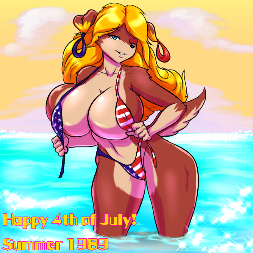 4th_of_july anthro big_breasts bikini breasts canid canine clothing diana_(thecon) female hi_res mammal nipple_outline solo swimwear thecon water