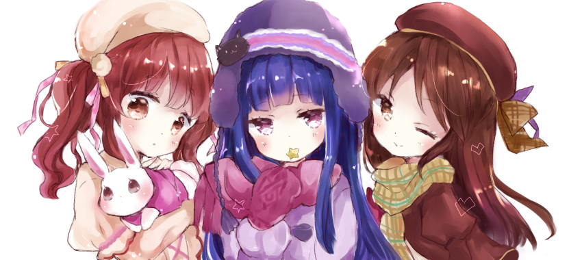 3girls :o ;) animal bangs beanie beret blue_hair blush brown_dress brown_eyes brown_hair brown_headwear bunny closed_mouth commentary_request dress eyebrows_visible_through_hair fringe_trim hat heart highres holding holding_animal idolmaster idolmaster_cinderella_girls juliet_sleeves long_hair long_sleeves looking_at_viewer multiple_girls ogata_chieri one_eye_closed parted_lips puffy_short_sleeves puffy_sleeves purple_coat purple_eyes purple_headwear purple_scarf sajou_yukimi scarf short_eyebrows short_over_long_sleeves short_sleeves simple_background smile star tachibana_arisu thick_eyebrows tsukiyo_(skymint) twintails upper_body white_background