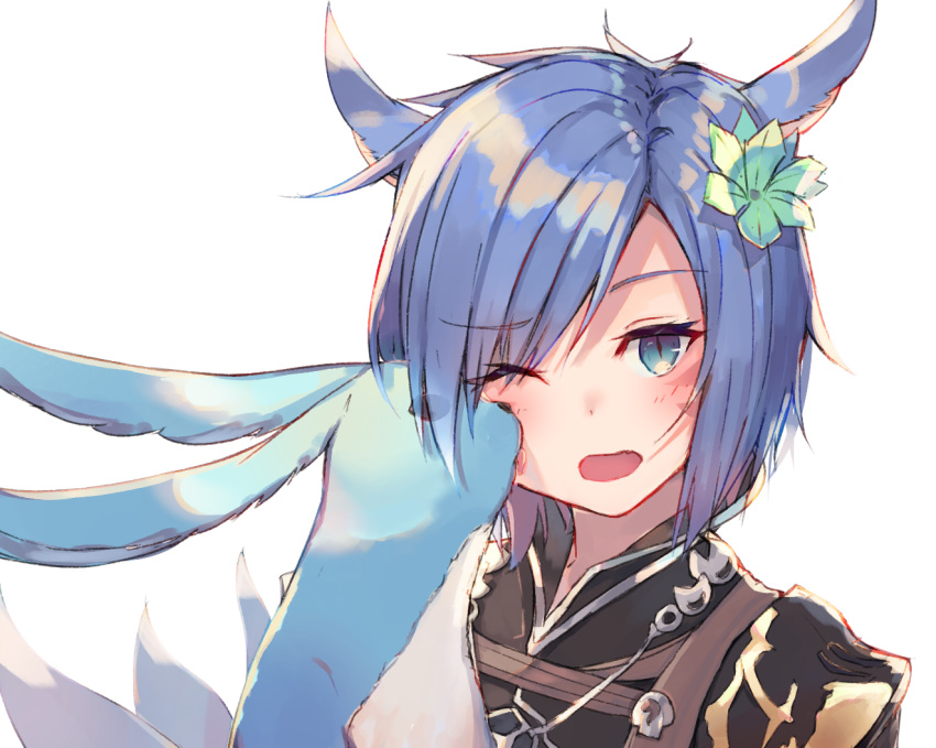 1girl animal_ears blue_eyes blue_hair carbuncle_(final_fantasy) cat_ears creature eyebrows_visible_through_hair facial_mark final_fantasy final_fantasy_xiv flower green_flower hair_flower hair_ornament licking looking_at_viewer miqo'te open_mouth short_hair simple_background slit_pupils tongue tongue_out tota_(sizukurubiks) upper_body white_background