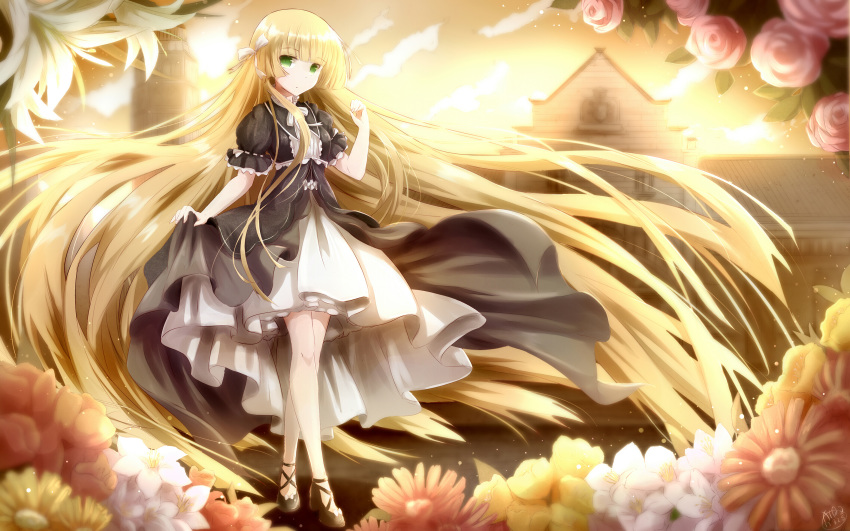 1girl absurdly_long_hair absurdres bangs black_footwear blue_hair blurry blurry_background blurry_foreground bow c75159529 dress eyebrows_visible_through_hair floating_hair flower full_body gosick green_eyes hair_bow hair_ribbon highres layered_dress lolita_fashion long_hair looking_at_viewer orange_bow pink_flower pink_rose ribbon rose shiny shiny_hair short_sleeves skirt_hold solo standing very_long_hair victorica_de_blois white_bow white_ribbon yellow_bow