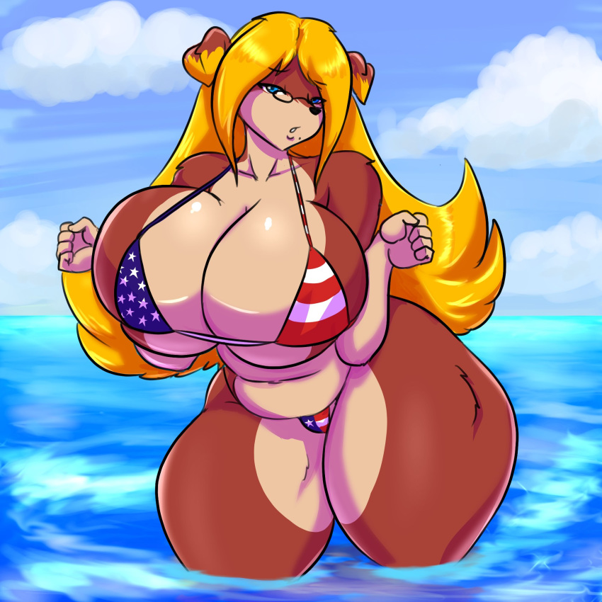 4th_of_july anthro big_breasts bikini breasts canid canine cleavage clothed clothing diana_(thecon) eyewear female glasses hi_res huge_breasts mammal mature_female slightly_chubby solo swimwear thecon thick_thighs