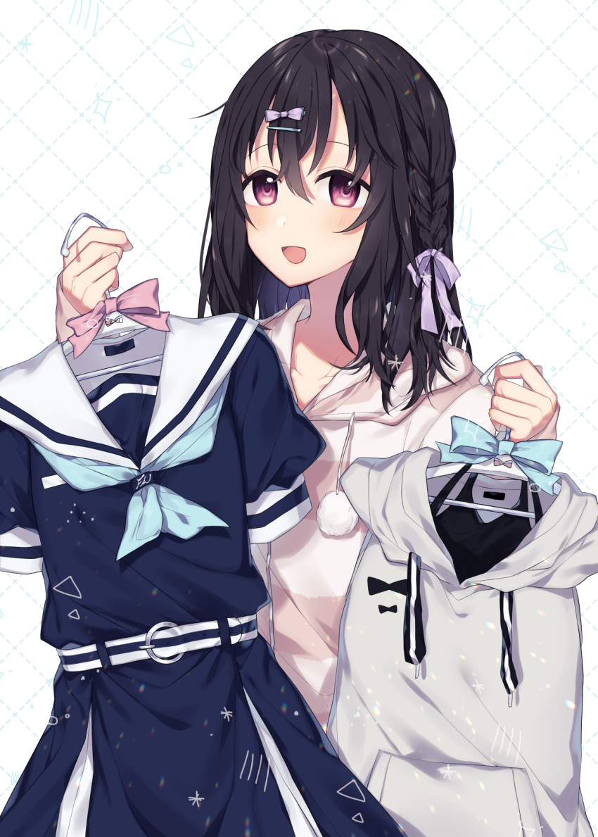 1girl :d bangs black_hair blue_dress blush bow braid clothes_hanger collarbone commentary_request drawstring dress eyebrows_visible_through_hair fujiwara_hajime grey_hoodie hair_between_eyes hair_bow hair_ornament hairclip hands_up highres holding holding_clothes hood hood_down hooded_jacket hoodie idolmaster idolmaster_cinderella_girls jacket long_hair looking_at_viewer minamiya_mia open_mouth purple_bow red_eyes revision sailor_collar sailor_dress sleeveless sleeveless_hoodie smile solo striped_jacket white_background white_sailor_collar