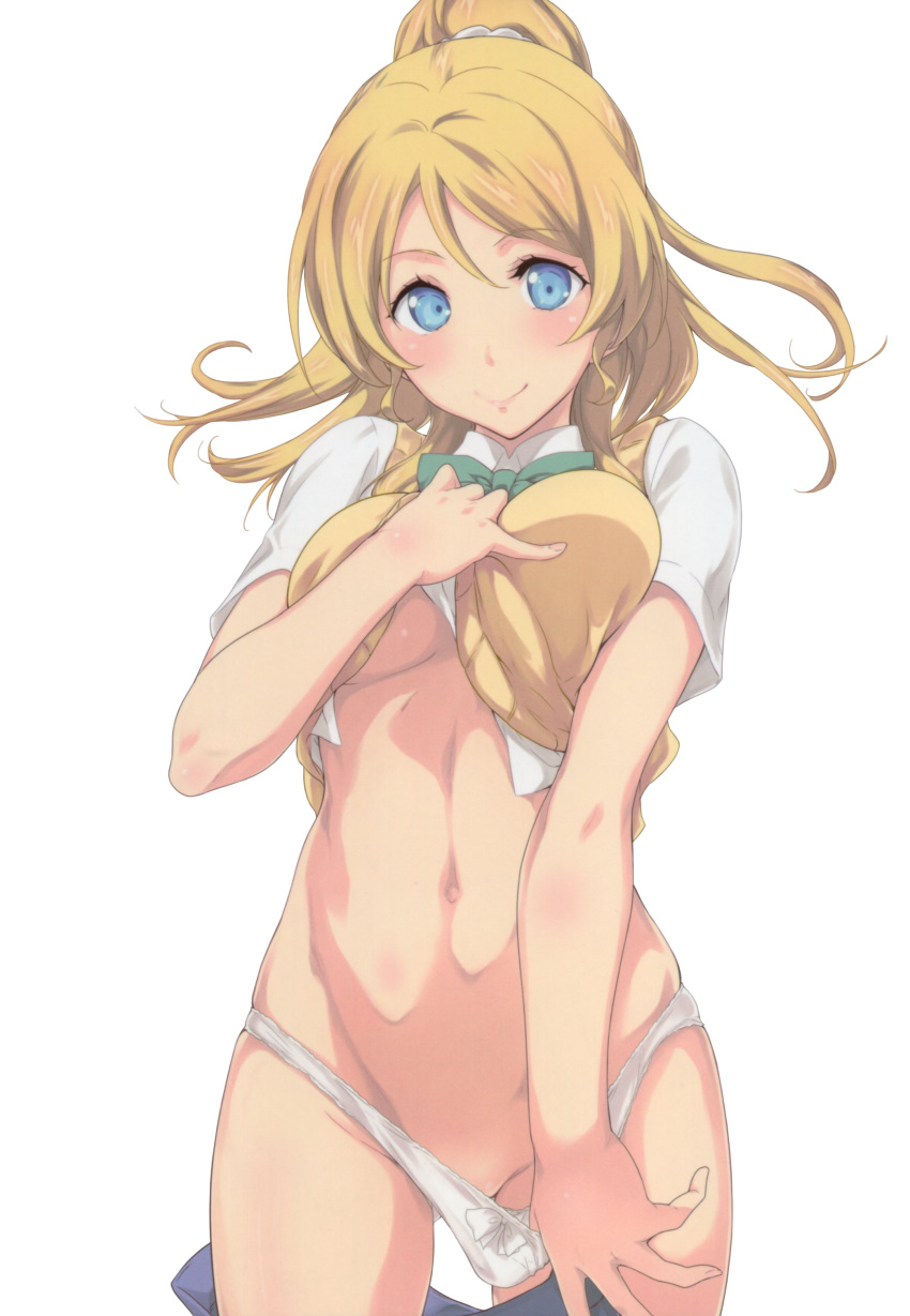 andou_tomoya ayase_eli breast_hold heaven's_gate love_live! no_bra pantsu panty_pull seifuku shirt_lift sweater transparent_png underboob undressing