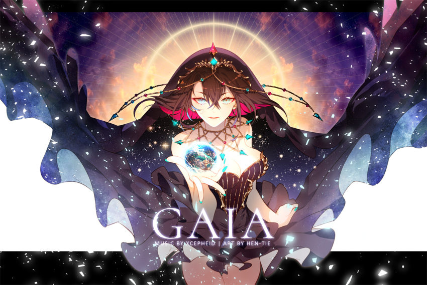 1girl aqua_eyes aqua_nails aquamarine_(gemstone) artist_name bangs bare_shoulders black_dress black_veil breasts brown_hair cleavage cowboy_shot dress earrings english_commentary floating_hair galaxy goddess halo hand_up hen-tie jewelry large_breasts light_particles long_hair looking_at_viewer necklace open_mouth original pink_hair ruby_(gemstone) sapphire_(gemstone) short_hair sidelocks smile solo strapless strapless_dress wind