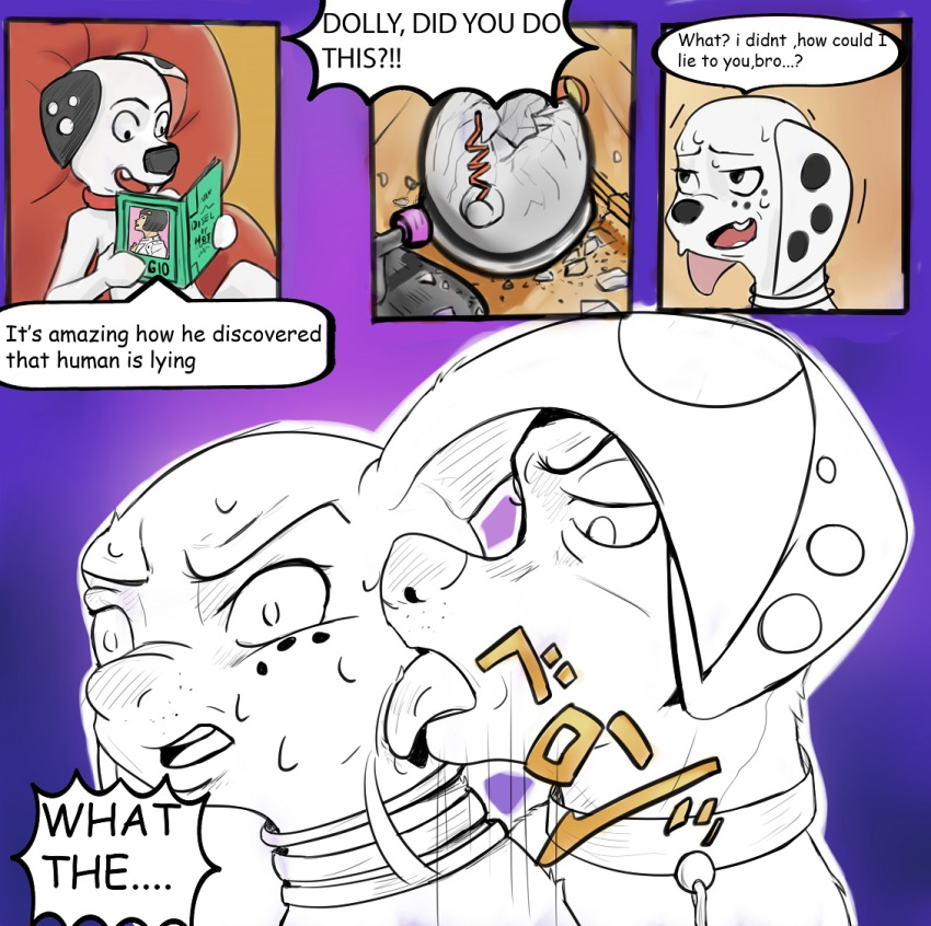 101_dalmatian_street 101_dalmatians bruno_buccellati canid canine canis comic comic_book crossover dalmatian disney dolly_(101_dalmatians) domestic_dog dylan_(101_dalmatians) humor jojo's_bizarre_adventure licking mammal tagme tongue tongue_out unknown_artist