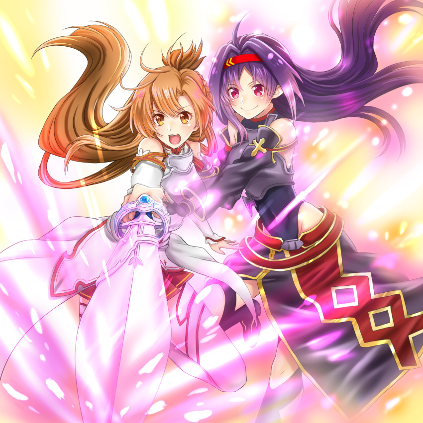 2girls :d absurdres ahoge asuna_(sao) black_gloves black_legwear black_leotard black_sleeves breastplate brown_eyes brown_hair closed_mouth covered_navel detached_sleeves fingerless_gloves floating_hair gloves hair_intakes headband highleg highleg_leotard highres holding holding_sword holding_weapon leotard long_hair long_sleeves looking_at_viewer miniskirt multiple_girls open_mouth pleated_skirt purple_hair purple_skirt red_eyes red_headband red_skirt skirt smile sword sword_art_online takecha thighhighs very_long_hair weapon white_legwear white_sleeves yuuki_(pokemon) zettai_ryouiki