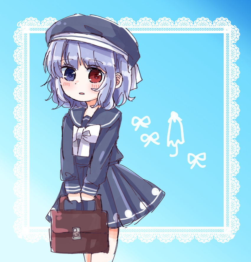 1girl absurdres alternate_costume bag blue_eyes blue_hair blue_shirt blue_skirt blush bookbag contemporary hat heterochromia highres long_sleeves red_eyes sailor_collar sailor_hat salt_(seasoning) school_uniform serafuku shirt short_hair skirt solo tagme tatara_kogasa touhou