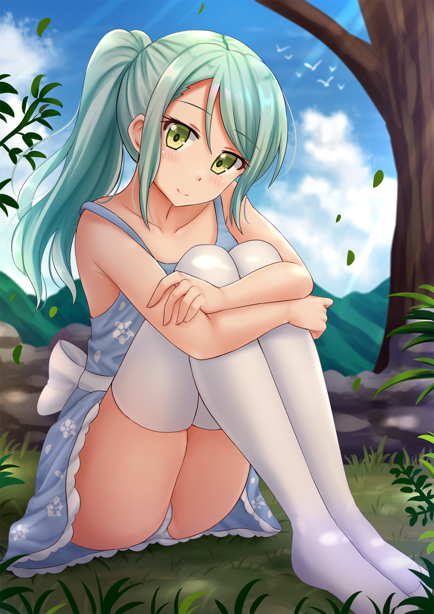 1girl bang_dream! bangs bare_arms bare_shoulders blue_dress blue_sky blurry blurry_background blush closed_mouth cloud cloudy_sky commentary day depth_of_field dress english_commentary eyebrows_visible_through_hair green_eyes green_hair hair_between_eyes highres hikawa_sayo kazenokaze knees_up leg_hug long_hair mountain no_shoes outdoors panties ponytail revision sidelocks sky sleeveless sleeveless_dress smile solo strap_slip thighhighs tree underwear white_legwear white_panties