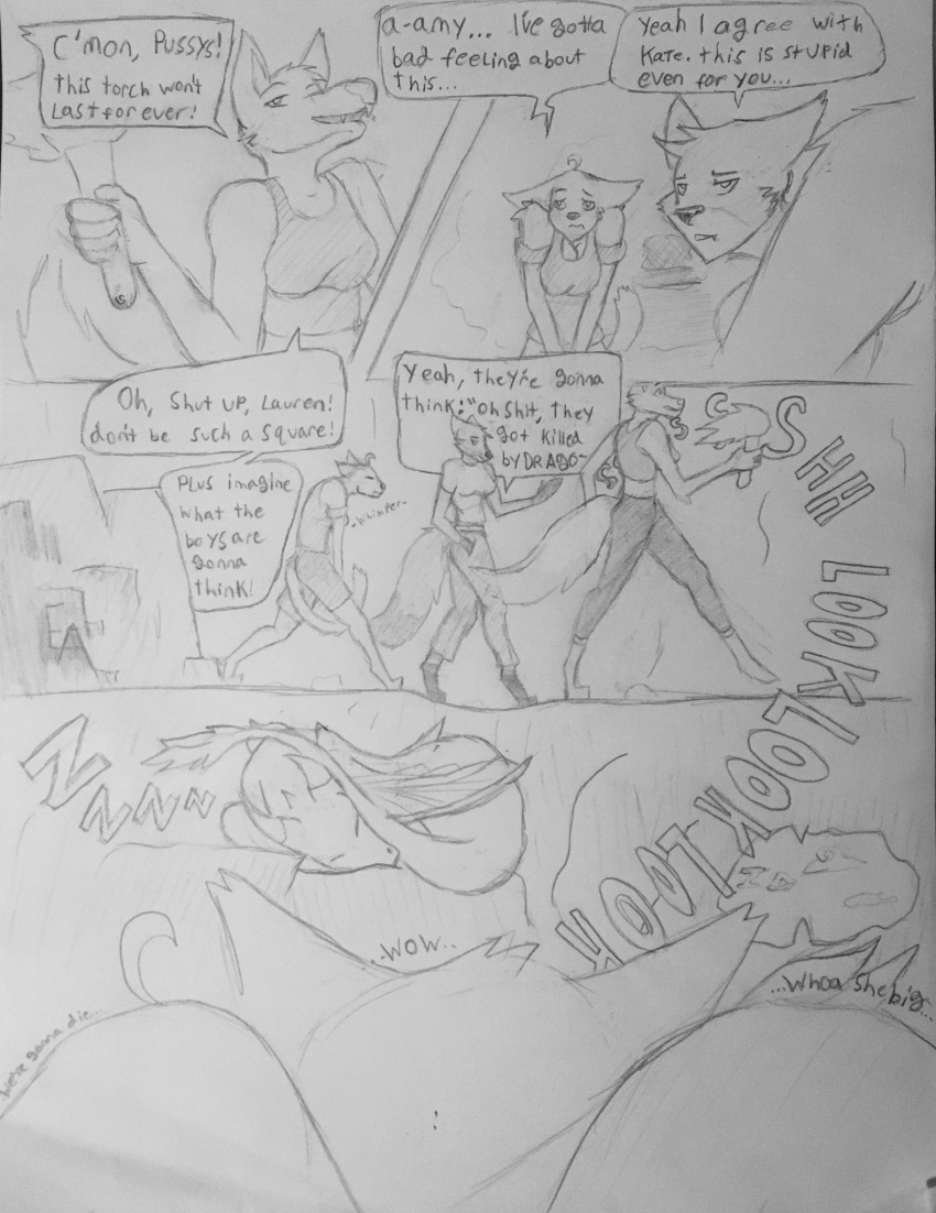 adventure annoyed black_nose breasts canid canine canis cave clothed clothing comic confident dialogue dragon english_text eyebrows fire fluffy fluffy_tail fox fur hair horn iseaid mammal peer_pressure pencil_(disambiguation) shirt sleeping sound_effects sound_fx tank_top teeth text topwear torch walking wings wolf worried