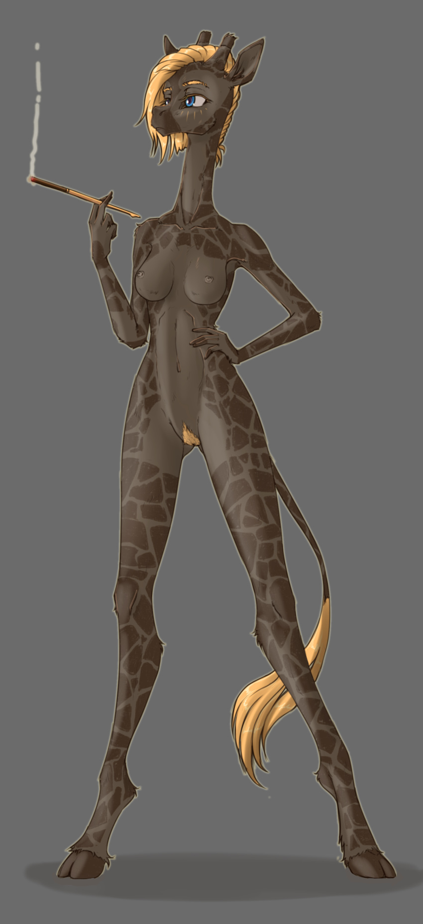 anthro digital_media_(artwork) female fur giraffe giraffid madhotaru mammal smoking solo