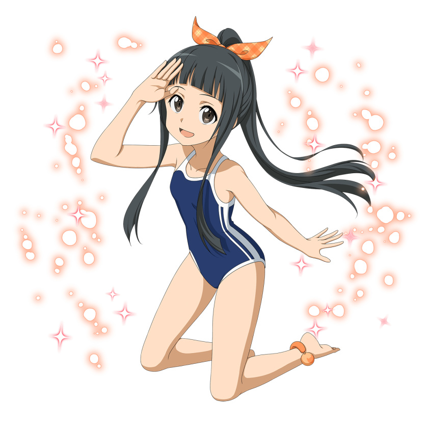 1girl :d anklet bangs barefoot black_eyes black_hair blue_swimsuit blunt_bangs bow breasts collarbone competition_school_swimsuit floating_hair full_body hair_bow high_ponytail highres jewelry kneeling long_hair official_art open_mouth orange_bow outstretched_arm plaid plaid_bow shiny shiny_hair small_breasts smile solo sparkle swimsuit sword_art_online transparent_background very_long_hair yui_(sao)