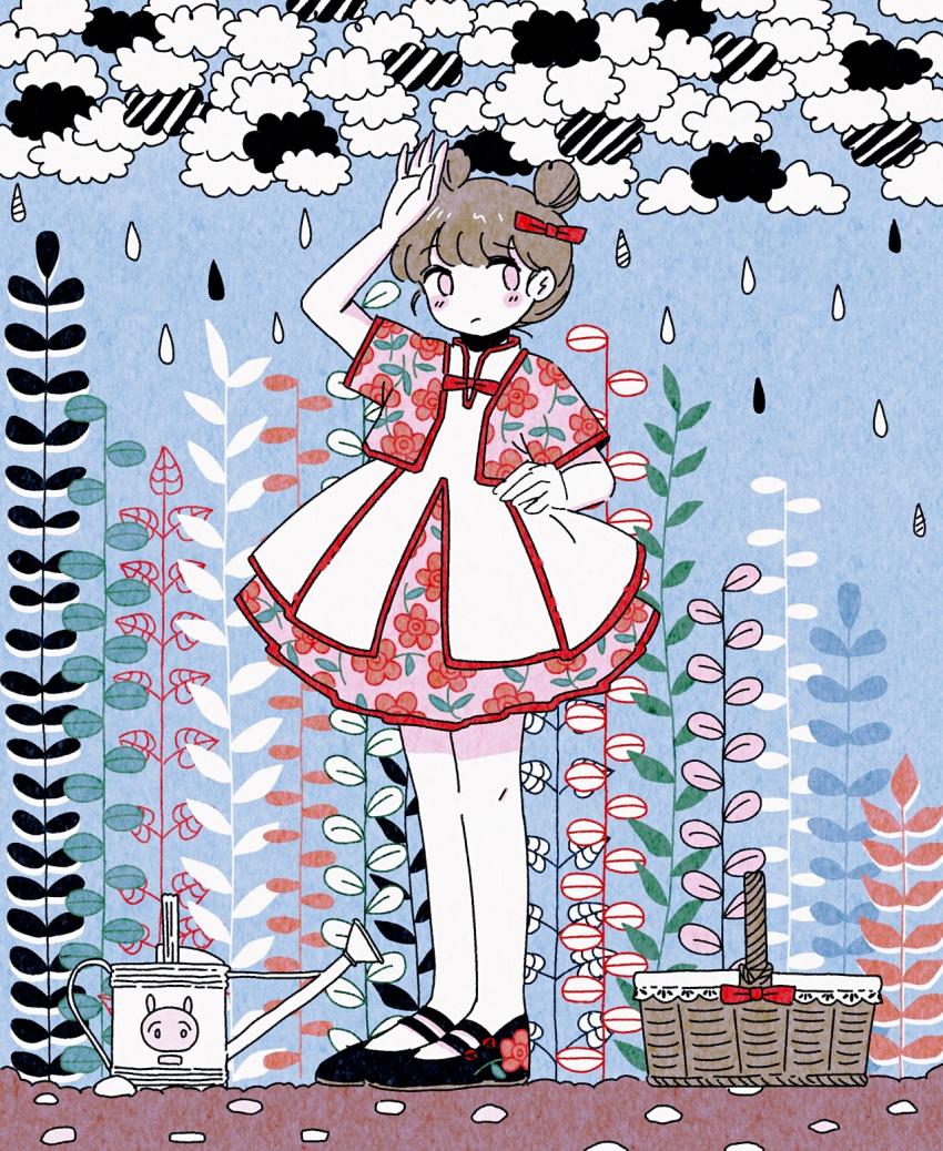 1girl bangs black_cloud black_footwear blue_background bow brown_hair cloud double_bun dress floral_print flower full_body hair_bow hand_on_hip highres no_nose noeru_(noellemonade) original outdoors patterned_clothing plant print_dress rain red_bow red_flower solo standing striped watering_can white_skin