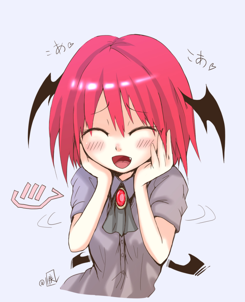 1girl ascot black_neckwear black_wings blush brooch commentary_request cropped_torso demon_wings eyes_closed fang grey_background hands_on_own_cheeks hands_on_own_face happy hayate-s head_wings heart highres jewelry koakuma open_mouth red_hair short_hair short_sleeves simple_background smile solo touhou upper_body wings