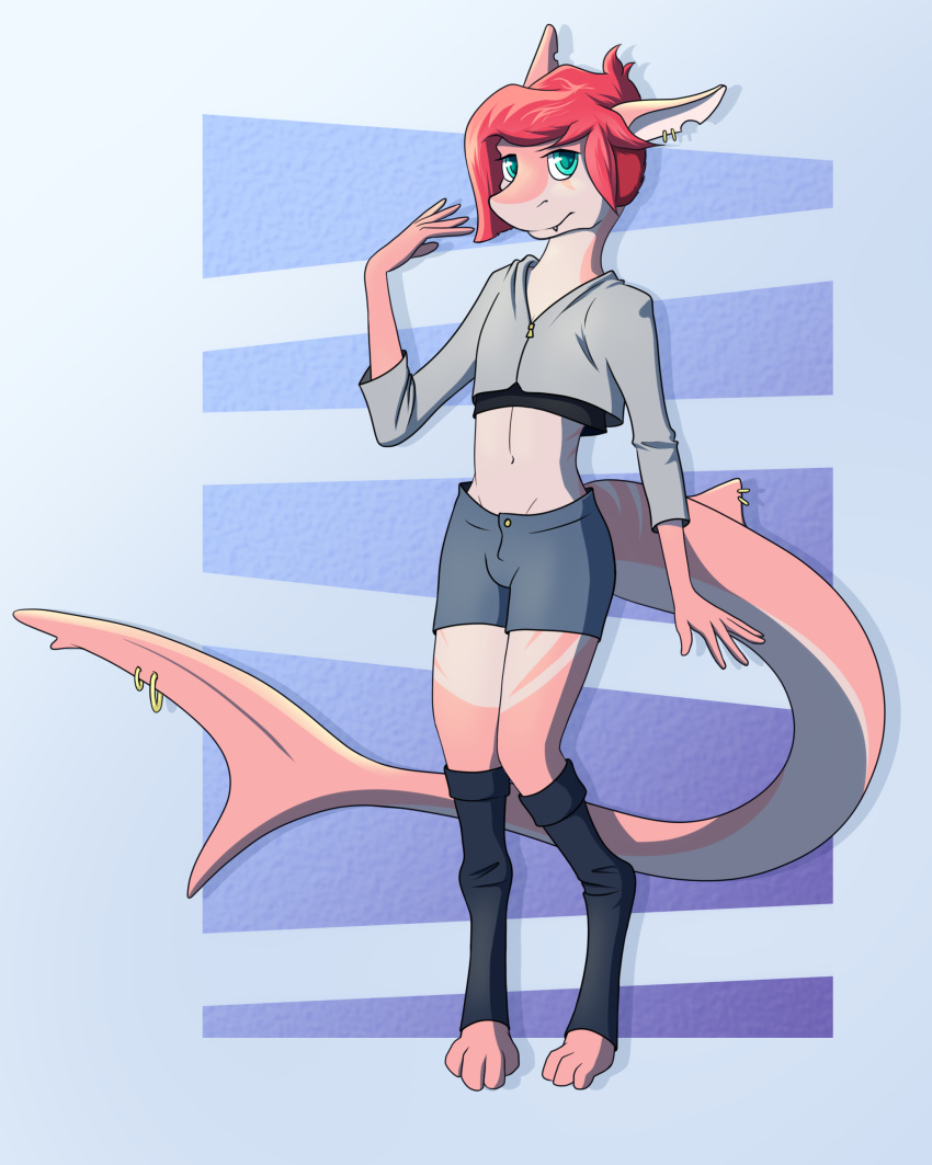 absurd_res belly bottomwear charlie_peaches clothing crop_top fish girly hair hi_res legwear marine midriff piercing red_hair shark shirt shorts stockings topwear