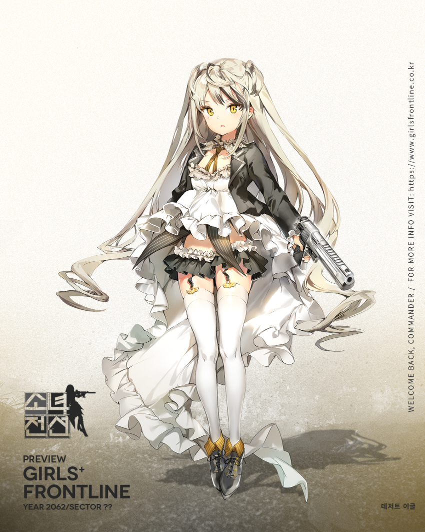 1girl ahoge anmi bangs black_skirt blazer blonde_hair bow breasts character_name crown desert_eagle desert_eagle_(girls_frontline) detached_collar dress eyebrows_visible_through_hair frilled_dress frilled_sleeves frills full_body garter_straps girls_frontline grey_footwear gun hair_between_eyes handgun heart highres holding holding_gun holding_weapon jacket lace-up_shoes long_hair long_sleeves looking_at_viewer miniskirt mole mole_under_eye necktie official_art open_clothes open_mouth pistol shoes skirt small_breasts solo strapless strapless_dress striped striped_neckwear thighhighs trigger_discipline very_long_hair weapon white_legwear wings yellow_eyes yellow_neckwear