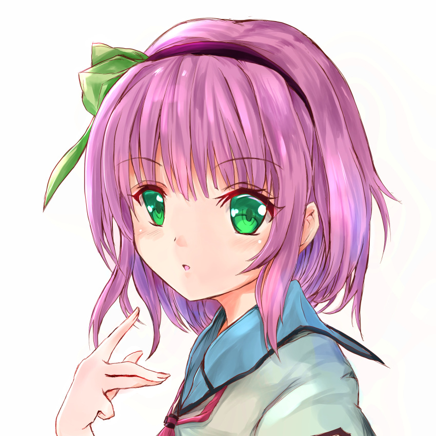 1girl :o angel_beats! arm_up bangs blue_sailor_collar blush commentary_request crossed_fingers eyebrows_visible_through_hair green_eyes hair_ribbon hairband highres ikazuchi_akira index_finger_raised looking_at_viewer mixed-language_commentary neckerchief pink_neckwear purple_hair ribbon sailor_collar school_uniform serafuku short_hair simple_background solo upper_body white_background yuri_(angel_beats!)