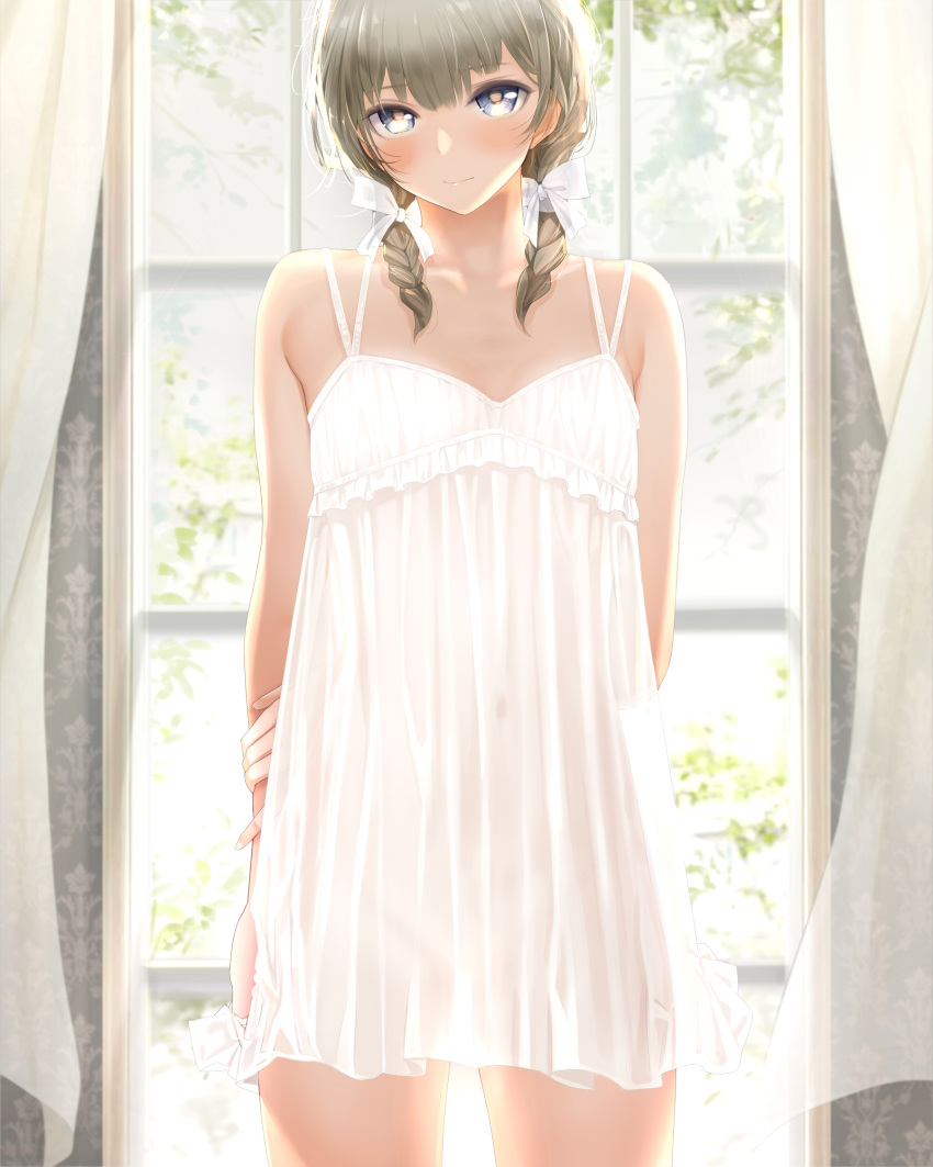 1girl arms_behind_back babydoll backlighting bangs bare_shoulders blue_eyes blush braid brown_hair closed_mouth collarbone commentary_request eyebrows_visible_through_hair frills giba_(out-low) hair_between_eyes hair_ribbon highres indoors lingerie long_hair looking_at_viewer navel no_panties original ribbon see-through solo standing sunlight twin_braids underwear white_ribbon window
