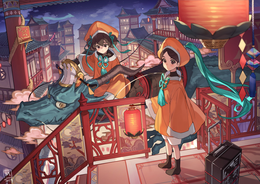 2019 2girls :&lt; absurdres aqua_ribbon architecture bangs brown_eyes brown_hair closed_mouth cloud commentary_request dragon dress east_asian_architecture eastern_dragon eyebrows_visible_through_hair hair_between_eyes hat highres holding lantern long_sleeves looking_at_viewer mansu multiple_girls night night_sky orange_dress orange_headwear original outdoors parted_bangs railing ribbon riding rolling_suitcase signature sky sleeves_past_wrists stairs star_(sky) starry_sky wide_sleeves