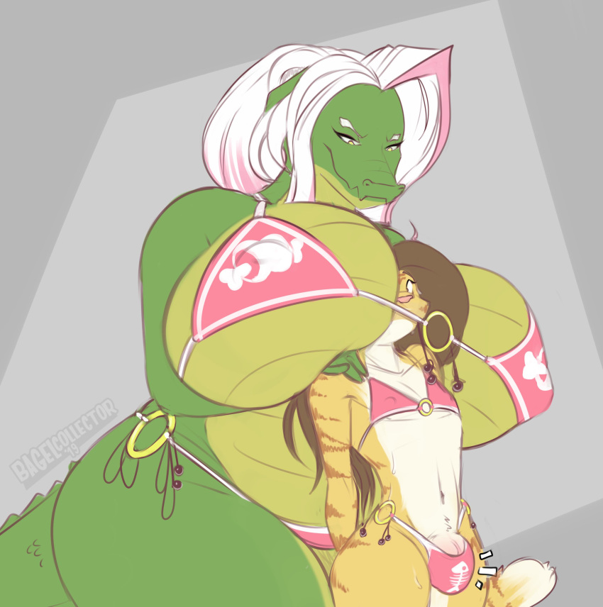 absurd_res bagelcollector big_breasts bikini breasts bulge clothing crocodile crocodilian crocodylid domestic_cat duo felid feline felis female girly hi_res huge_breasts kale_(bagelcollector) male male/female mammal reptile scalie swimwear