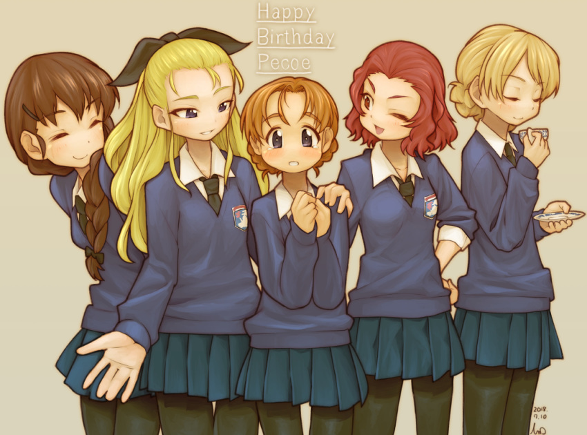 5girls arms_behind_back artist_name assam bangs black_legwear black_neckwear black_ribbon blonde_hair blue_eyes blue_skirt blue_sweater braid brown_eyes brown_hair character_name closed_eyes closed_mouth commentary darjeeling dated dress_shirt emblem english_text engrish_text eyebrows_visible_through_hair gesture girls_und_panzer grey_background hair_ornament hair_over_shoulder hair_pulled_back hair_ribbon hairclip hand_on_another's_shoulder hands_in_pockets happy_birthday holding leaning_forward light_smile long_hair long_sleeves looking_at_another looking_at_viewer medium_hair miniskirt multiple_girls necktie open_mouth orange_hair orange_pekoe pantyhose parted_bangs parted_lips pleated_skirt ranguage red_hair ribbon rosehip rukuriri school_uniform shirt short_hair signature simple_background single_braid skirt smile st._gloriana's_(emblem) st._gloriana's_school_uniform standing sweater tearing_up tessaku_ro tied_hair twin_braids v-neck white_shirt wing_collar