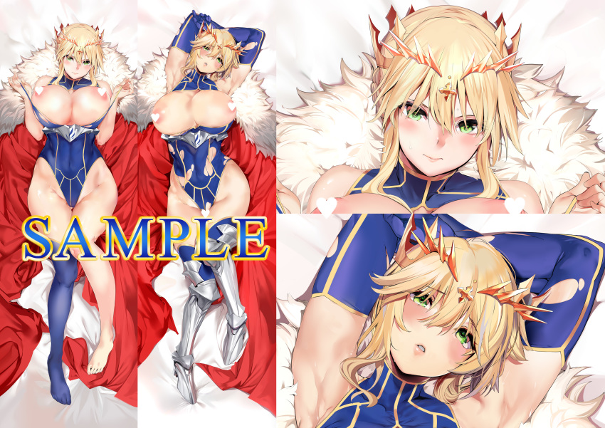 1girl absurdres ahoge areolae artoria_pendragon_(all) artoria_pendragon_(lancer) bangs blonde_hair blue_legwear blue_leotard blush braid breasts cape cape_removed cleavage closed_mouth covered_navel cowboy_shot crown dakimakura eyebrows_visible_through_hair fate/grand_order fate_(series) french_braid fur-trimmed_cape fur_trim green_eyes hair_between_eyes highleg highleg_leotard highres large_breasts leotard leotard_tug long_hair looking_at_viewer lying marushin_(denwa0214) multiple_views nipples on_back sidelocks single_thighhigh skindentation solo suggestive_fluid sweat swept_bangs thighhighs torn_clothes torn_leotard