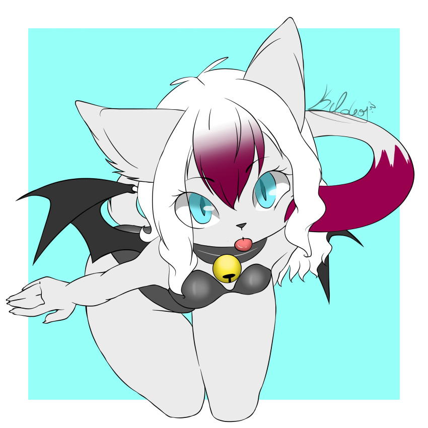 absurd_res anthro black_nose blue_eyes breasts butt chiropteran claws clothed clothing digital_media_(artwork) domestic_cat felid feline felis female fur hair hi_res looking_at_viewer mammal miu_vamcat miu_vamcat_(character) rubber simple_background solo tongue vamcat white_fur white_hair wings