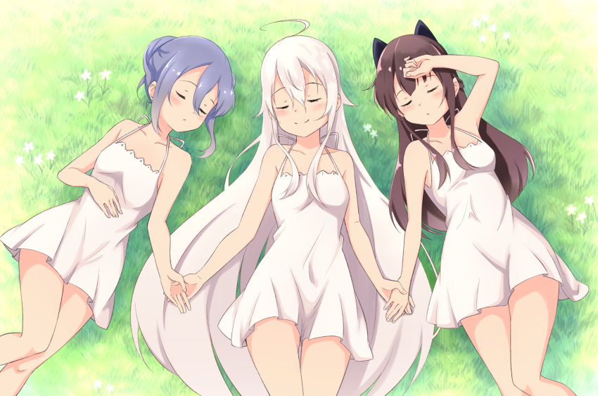 3girls ahoge arm_up blue_hair blush breasts brown_hair chiya_(urara_meirochou) closed_eyes closed_mouth collarbone commentary_request dress eyebrows_visible_through_hair flower from_above grass hair_between_eyes halterneck hand_on_own_stomach highres holding_hands long_hair lying motsutoko multiple_girls nijou_omi on_back parted_lips small_breasts smile sundress tatsumi_kon urara_meirochou very_long_hair white_dress white_hair