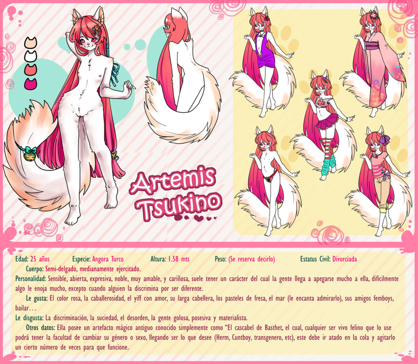 anthro artemis_tsukino bottomwear casual_clothing clothing domestic_cat dress felid feline felis female fur hair japanese_clothing kimono long_hair mammal model_sheet nipples nude pichigani pink_eyes pink_hair pussy rattle skirt solo spanish_text text translation_request underwear white_fur wide_hips