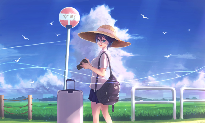 1girl :d absurdres backpack bag bird black_hair blue_eyes blue_sky camera cloud cloudy_sky commentary_request glasses hat highres holding horizon jun_wei looking_at_viewer mountain open_mouth original pleated_skirt road_sign rolling_suitcase scenery school_uniform short_hair sign single-lens_reflex_camera skirt sky smile solo straw_hat sun_hat translation_request