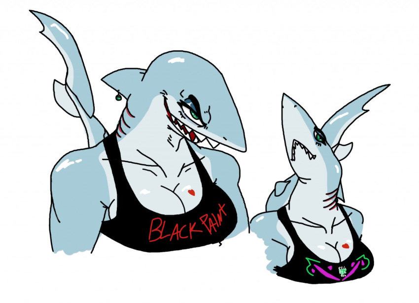 2018 anthro breasts bust_portrait chubbachunks cleavage clothed clothing digital_media_(artwork) female fin fin_piercing fish furgonomics furry-specific_piercing gills heart_tattoo makeup marine mascara piercing portrait shark sharp_teeth simple_background solo tattoo teeth topwear