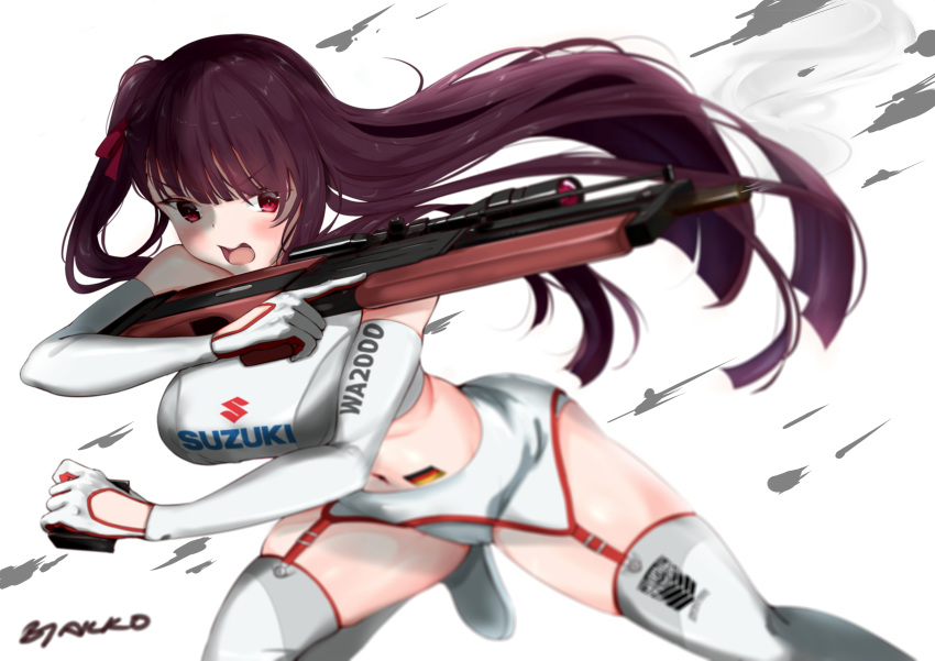 1girl absurdres blurry blush bullpup byakko_(b7akko) depth_of_field floating_hair garter_straps german_flag girls_frontline gun highres holding holding_gun holding_weapon long_hair looking_at_viewer navel open_mouth purple_hair red_eyes rifle side_ponytail smoke sniper_rifle solo suzuki thighhighs v-shaped_eyebrows very_long_hair wa2000_(girls_frontline) walther walther_wa_2000 weapon white_legwear