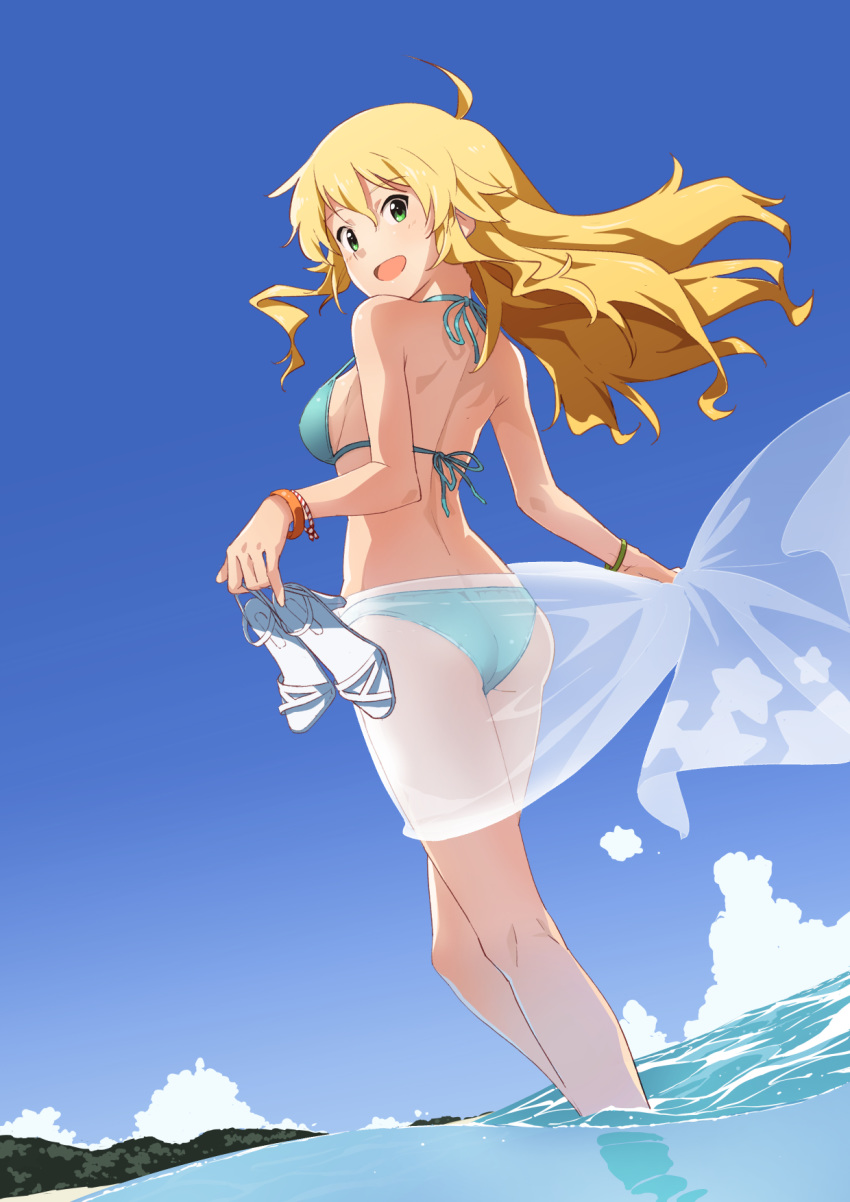 1girl :d ahoge ass back bangs bare_arms bare_legs bare_shoulders bikini blonde_hair blue_bikini blue_sky blush breasts commentary_request day dutch_angle eyebrows_visible_through_hair feet_out_of_frame from_behind from_below green_eyes gulim highres holding_footwear horizon hoshii_miki idolmaster idolmaster_(classic) long_hair looking_at_viewer looking_back medium_breasts ocean open_mouth outdoors sandals sandals_removed sarong see-through sideboob sidelocks sky smile solo strap_gap swimsuit wading walking water white_footwear wristband