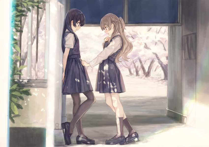 2girls 54cr against_wall arms_behind_back black_footwear black_hair black_legwear blush braid brown_hair cherry_blossoms embarrassed full_body hand_on_own_chest long_hair medium_skirt multiple_girls nanami_touko outdoors outstretched_arm pantyhose profile reaching saeki_sayaka school_uniform shoes skirt skirt_hold socks spring_(season) summer_uniform wall wavy_hair yagate_kimi_ni_naru yuri