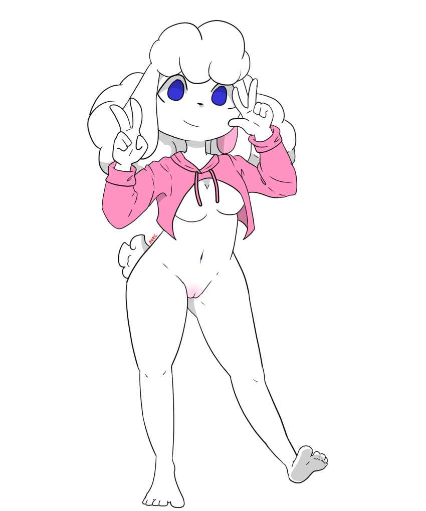 2019 anthro blue_eyes bottomless bovid breasts caprine clothed clothing cub digital_media_(artwork) double_v_sign female fluffy fur gesture hair hi_res hoodie looking_at_viewer mammal meme pink_clothing pink_sweater pink_topwear pussy raveneevee sheep smile solo sweater topwear twitter_hoodie v_sign white_fur young