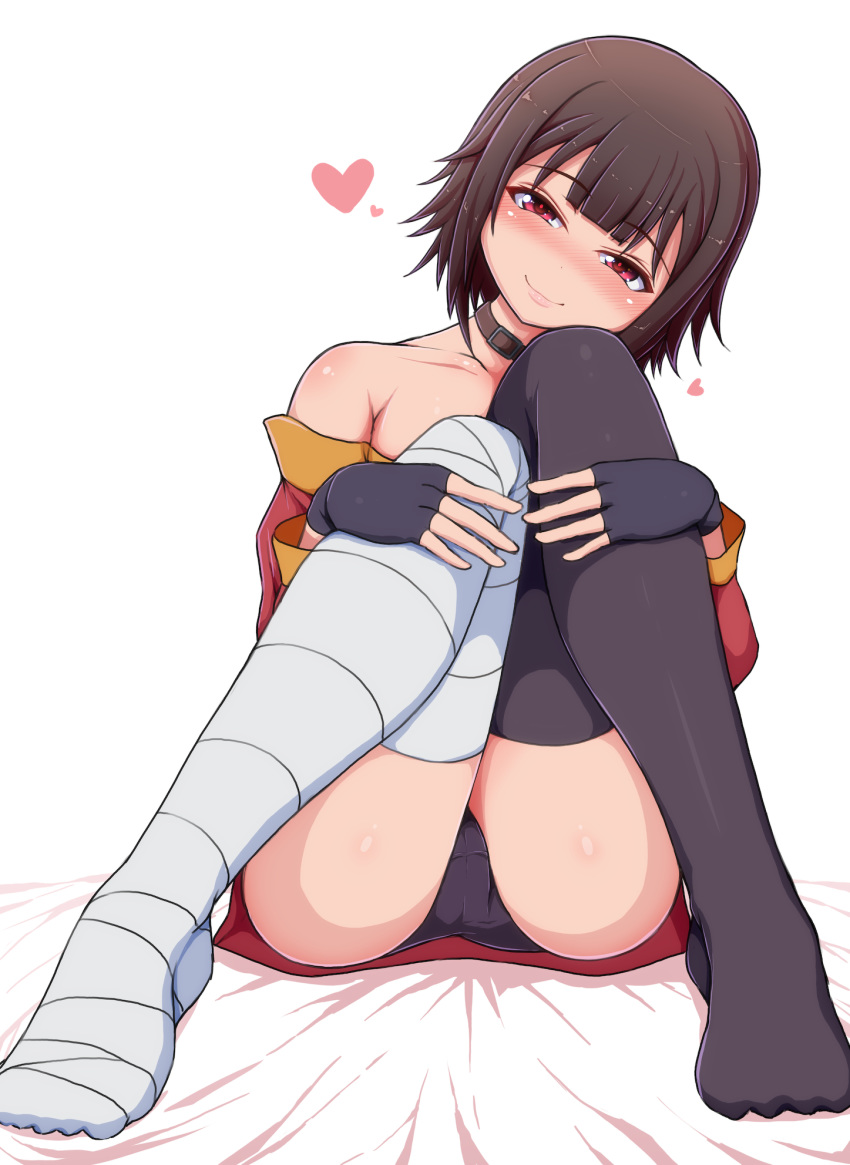 1girl ass bandaged_leg bandages bangs bare_shoulders black_gloves black_hair black_legwear black_panties blush breasts collarbone commentary_request dress fingerless_gloves gloves heart highres kono_subarashii_sekai_ni_shukufuku_wo! looking_at_viewer megumin no_shoes panties ponpo red_eyes short_hair simple_background single_thighhigh sitting smile solo thighhighs underwear white_background