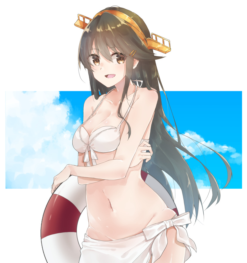1girl bikini black_hair blue_sky breasts cleavage cloud collarbone cowboy_shot front-tie_top groin hair_ornament hairband hairclip haruna_(kantai_collection) headgear highres kantai_collection lifebuoy long_hair looking_at_viewer navel open_mouth sarong sky small_breasts smile solo swimsuit u_yuz_xx white_background white_bikini