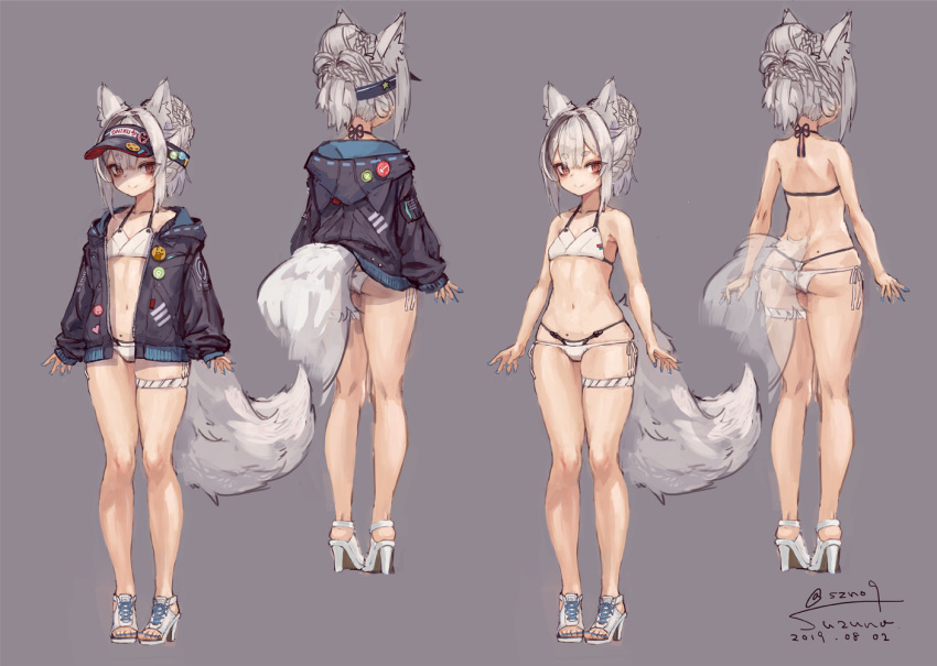 1girl animal_ear_fluff animal_ears ass bangs bare_arms bare_shoulders bikini bikini_under_clothes black_jacket blue_nails braid closed_mouth collarbone dated eyebrows_visible_through_hair fingernails fox_ears fox_girl fox_tail grey_background grey_hair hair_between_eyes high_heels hood hood_down hooded_jacket jacket layered_bikini long_sleeves multiple_views open_clothes open_jacket original puffy_long_sleeves puffy_sleeves red_eyes sandals short_eyebrows side-tie_bikini sidelocks signature simple_background sleeves_past_wrists smile suzuno_(bookshelf) swimsuit tail thick_eyebrows toenail_polish toenails twitter_username white_bikini white_footwear x-ray