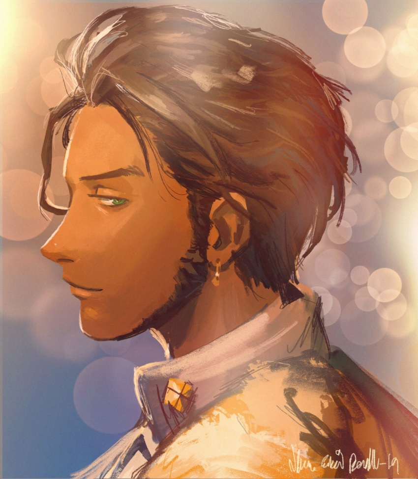 1boy brown_hair claude_von_regan fire_emblem fire_emblem:_three_houses from_side green_eyes highres solo traditional_media watercolor_(medium)