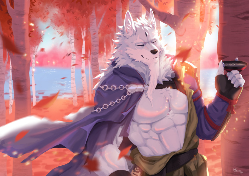 2019 anthro black_nose canid canine canis clothing eyes_closed facial_hair fur grey_fur law_(sdorica_sunset) male mammal multicolored_fur muscular muscular_male pecs sdorica_sunset solo two_tone_fur wocrow3 wolf