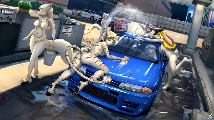 2019 4_toes 5_fingers absurd_res anthro areola breasts canid canine canis car detailed_background digital_media_(artwork) felid female fingers group hi_res lagomorph leporid mammal mercedes-benz nipples nissan notbad621 nude pantherine pussy rabbit smile standing tiger toes vehicle wolf