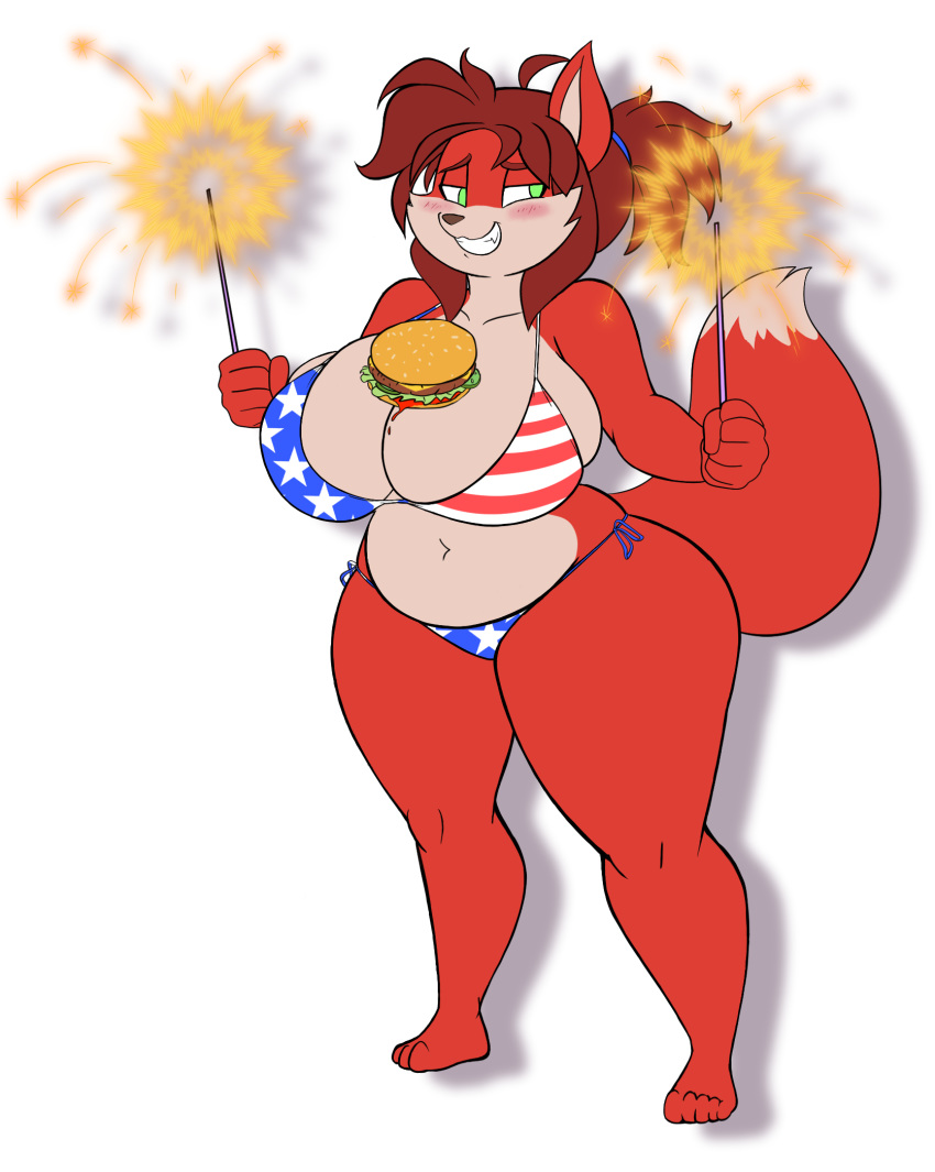 anthro bikini blush breasts burger canid canine clothing female fireworks food fox goblinhordestudios k9wolf mammal smile solo swimwear