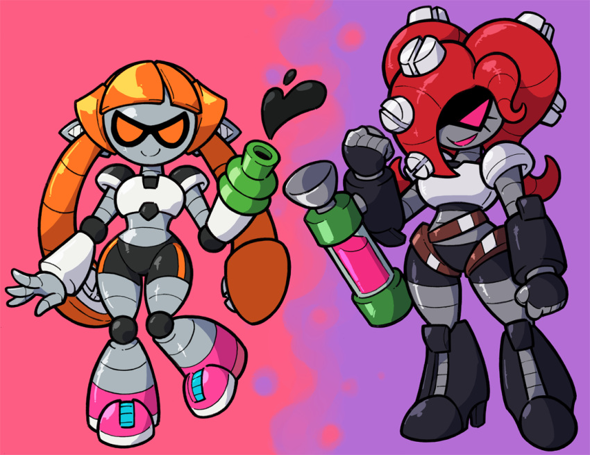 2girls arm_cannon armor armored_boots boots clenched_hand crossover digital_media_(artwork) duo evil_eyes evil_smile eyelashes female female_focus hair hair_over_one_eye ink ink_tank_(splatoon) inkling inkling_girl mechanical multicolored_background nintendo octoling orange_eyes orange_hair red_eyes red_hair robot robot_girl screw shenanimation shoes shorts splatoon splatoon_(series) tentacle_hair transformers