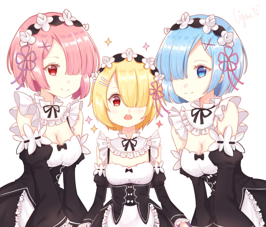 3girls apron bangs black_dress black_sleeves blonde_hair blue_eyes blue_hair blush breasts character_request cleavage closed_mouth commentary_request detached_sleeves dress frilled_apron frills hair_ornament hair_over_one_eye hair_ribbon hairclip highres juliet_sleeves leaning_forward light_(luxiao_deng) long_sleeves medium_breasts multiple_girls open_mouth pink_hair pink_ribbon puffy_sleeves purple_ribbon ram_(re:zero) re:zero_kara_hajimeru_isekai_seikatsu red_eyes rem_(re:zero) ribbon ribbon-trimmed_sleeves ribbon_trim round_teeth short_hair simple_background small_breasts smile sparkle teeth upper_teeth waist_apron white_apron white_background x_hair_ornament