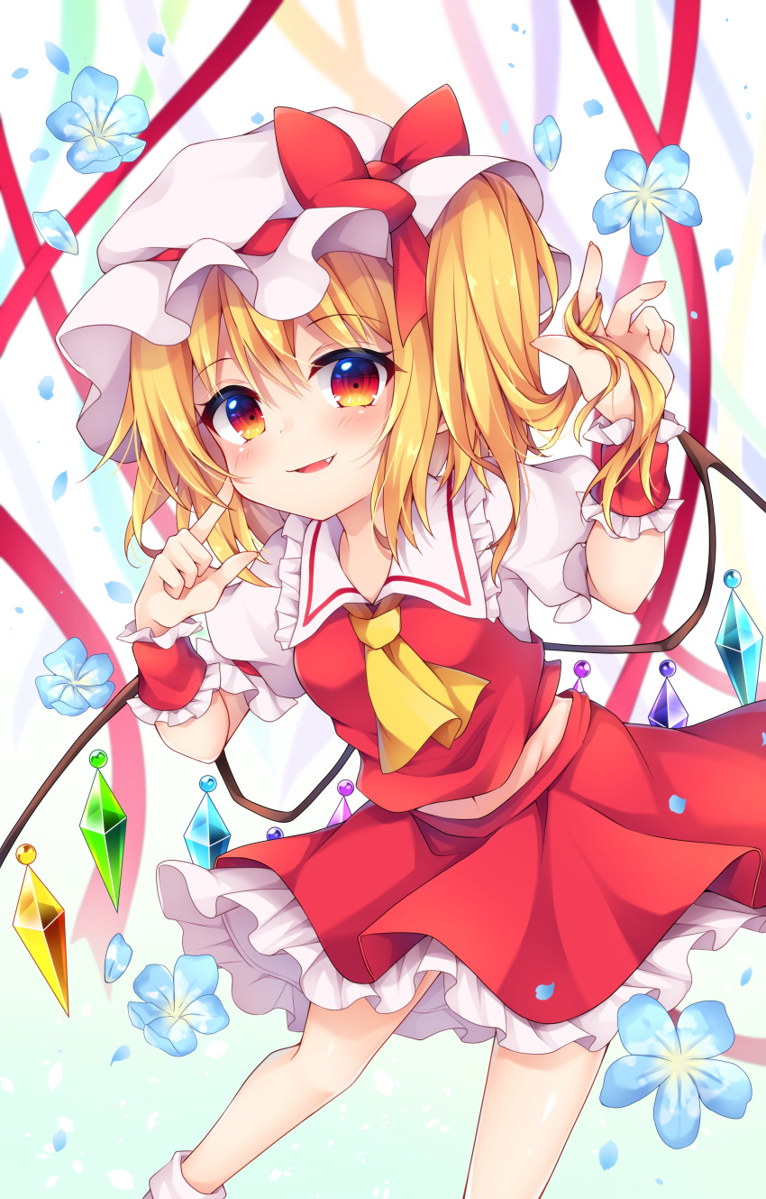 1girl :d absurdres ascot bangs blonde_hair blue_flower blue_ribbon bow commentary_request eyebrows_visible_through_hair fang feet_out_of_frame finger_to_cheek flandre_scarlet flower frilled_shirt_collar frills gradient gradient_background green_background green_ribbon groin hands_up hat hat_bow highres index_finger_raised looking_at_viewer midriff_peek miniskirt miy@ mob_cap navel one_side_up open_mouth orange_ribbon petals petticoat puffy_short_sleeves puffy_sleeves purple_ribbon red_bow red_eyes red_ribbon red_skirt red_vest ribbon shirt short_hair short_sleeves skirt skirt_set smile socks solo thighs touhou vest white_background white_headwear white_legwear white_shirt wrist_cuffs yellow_neckwear