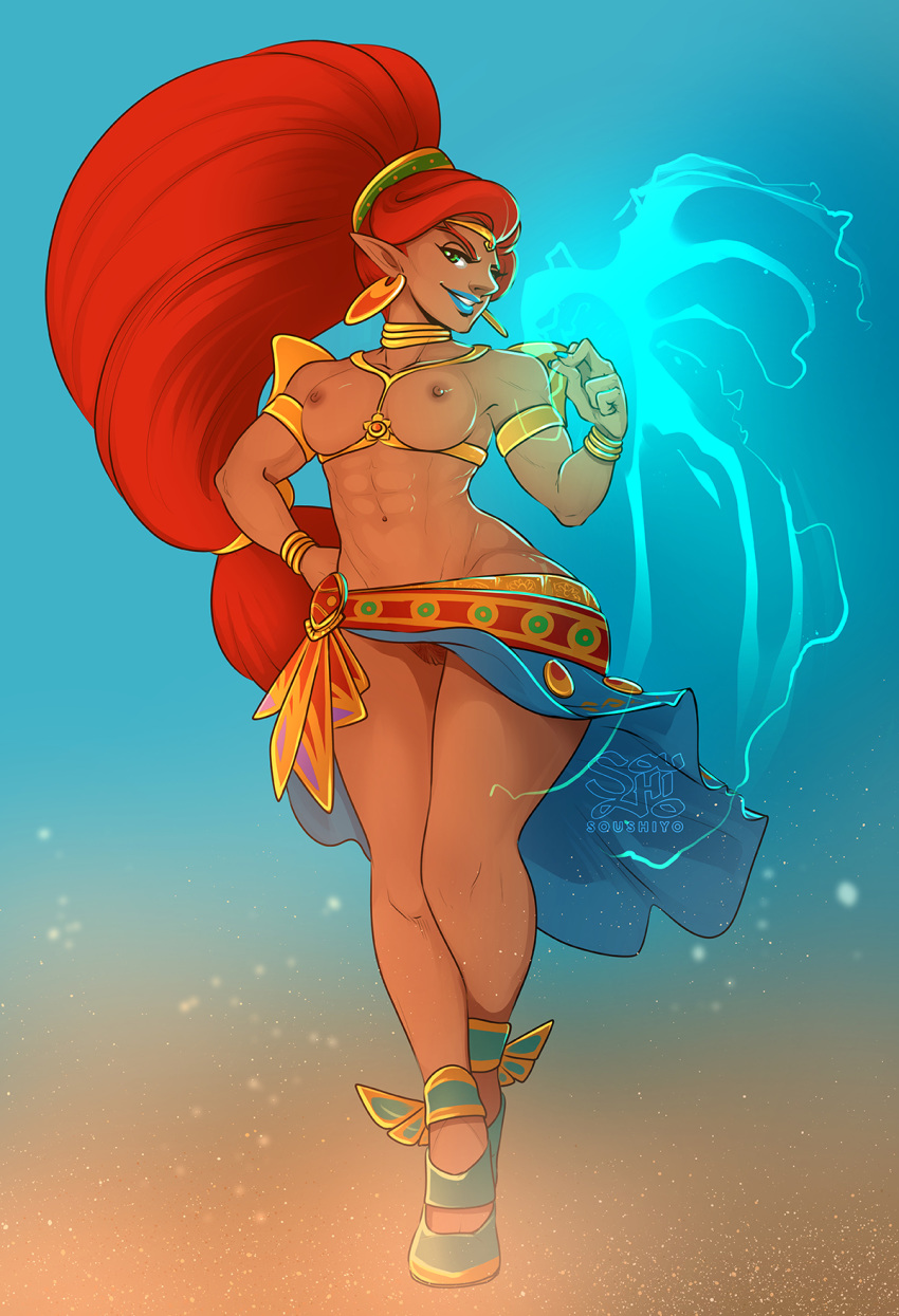 abs breasts breath_of_the_wild clothing ear_piercing female gerudo green_eyes hair hi_res humanoid humanoid_pointy_ears jewelry long_hair looking_at_viewer mostly_nude muscular muscular_female nintendo nipples not_furry piercing pubes pussy red_hair simple_background smile soushiyo the_legend_of_zelda urbosa video_games
