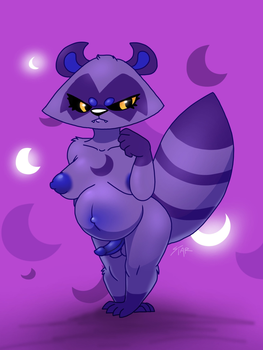 abstract_background areola big_breasts big_tail breasts erection fak&eacute;mon herm hi_res intersex mammal nilook penis pregnant procyonid purple_areola purple_penis raccoon stakota standing striped_tail stripes yellow_eyes